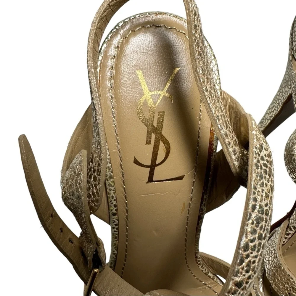 Saint Laurent Tribute High-Heel Leather Sandal in Metallic Gold size 40 | US 10